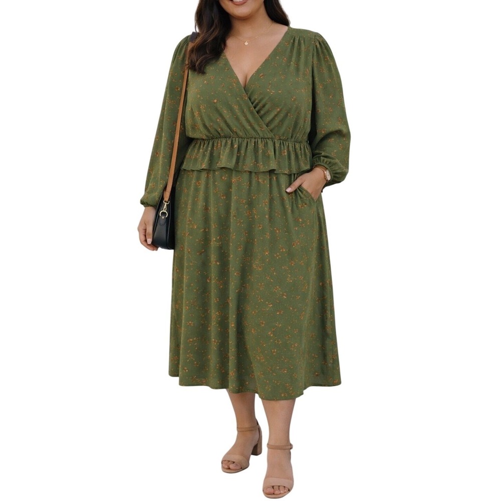 Eloquii Elements Size 20 Green Floral Ruffle Midi Dress Work Polished - Picture 2 of 3